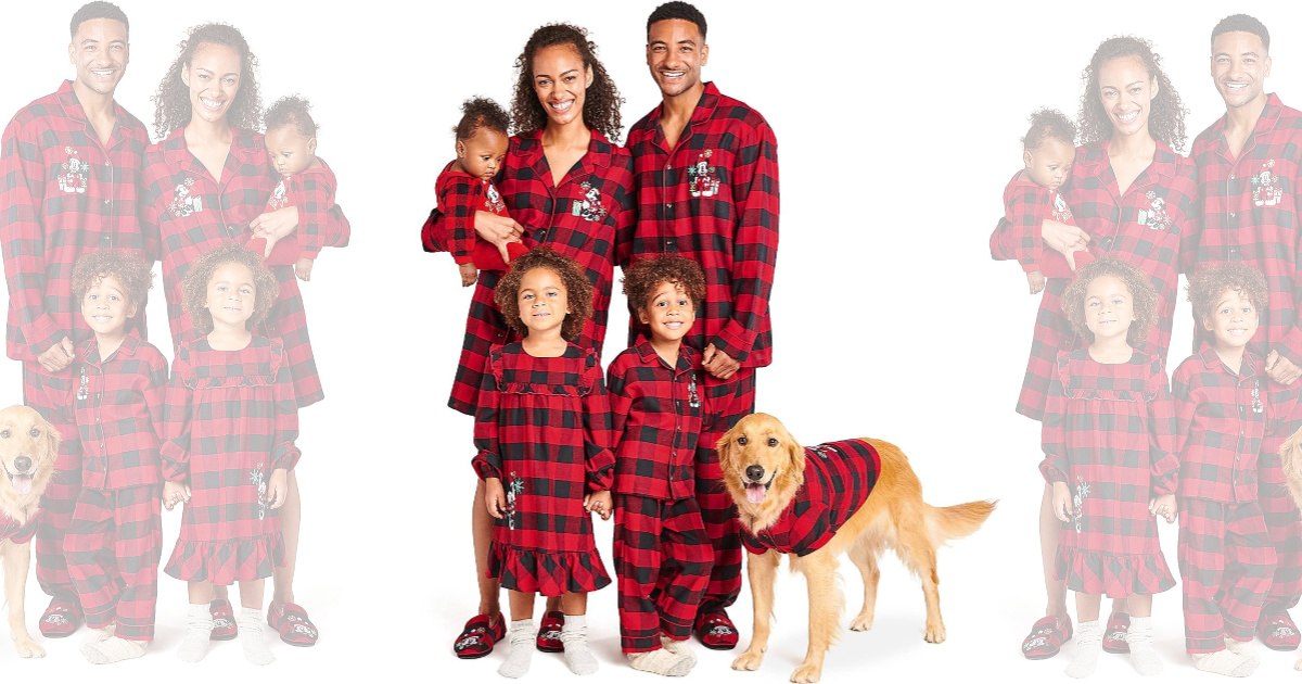 family modeling plaid pajamas