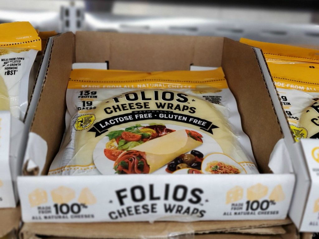 flat cheese tortillas in a package on store shelf