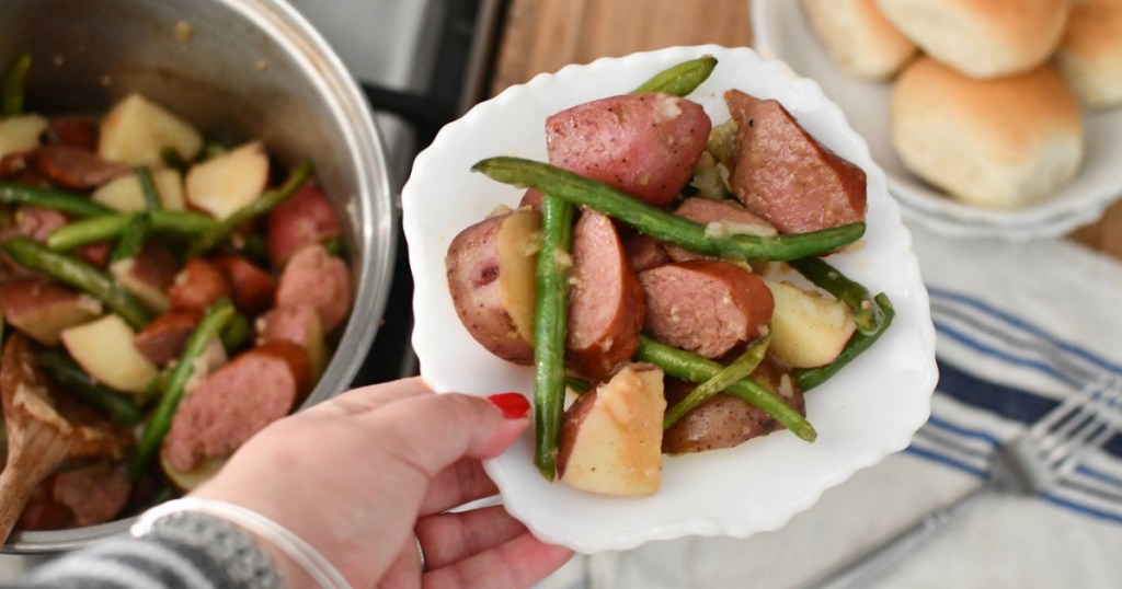 Sausage, potatoes, and green beans in bowl