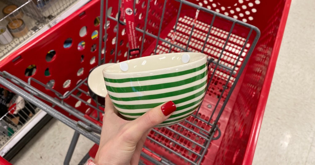 green and white striped bowl with Target cart