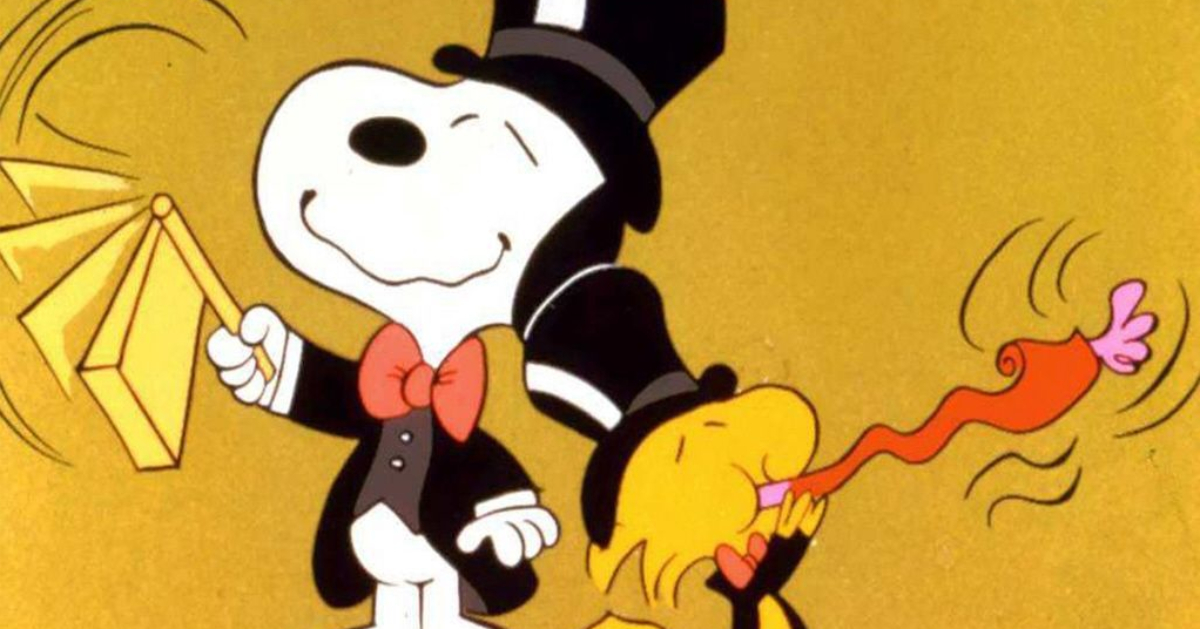 Snoopy and Woodstock celebrating New Year's Eve