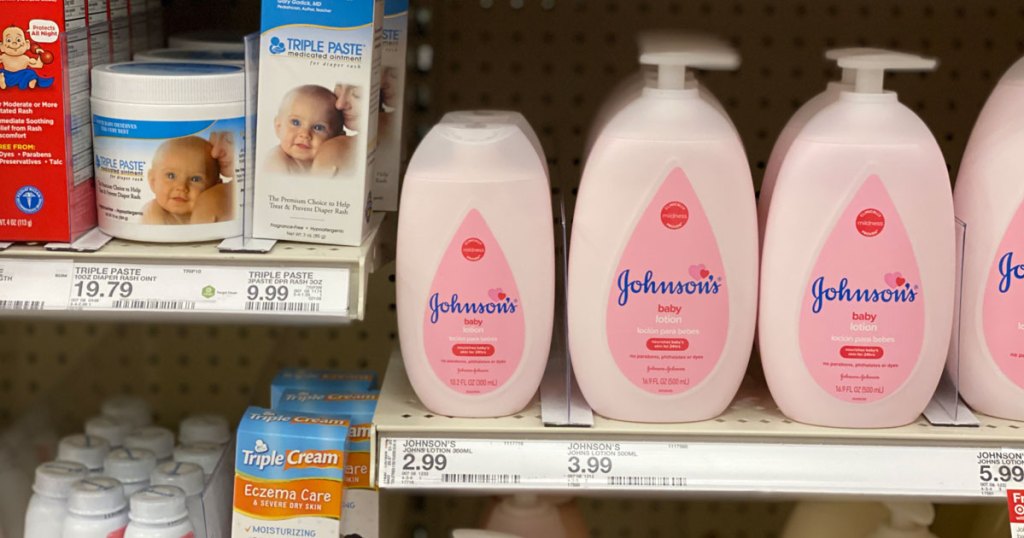 Johnson's baby pink lotion on a shelf in Target