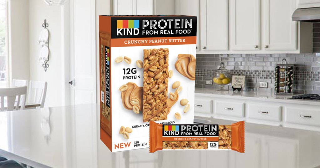 KIND Gluten Free Protein Bars Crunchy Peanut Butter 12ct in a kitchen on a counter