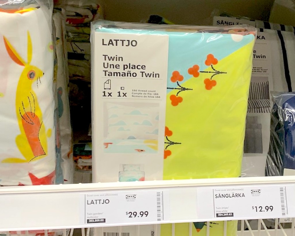 package of colorful bedding on store shelf