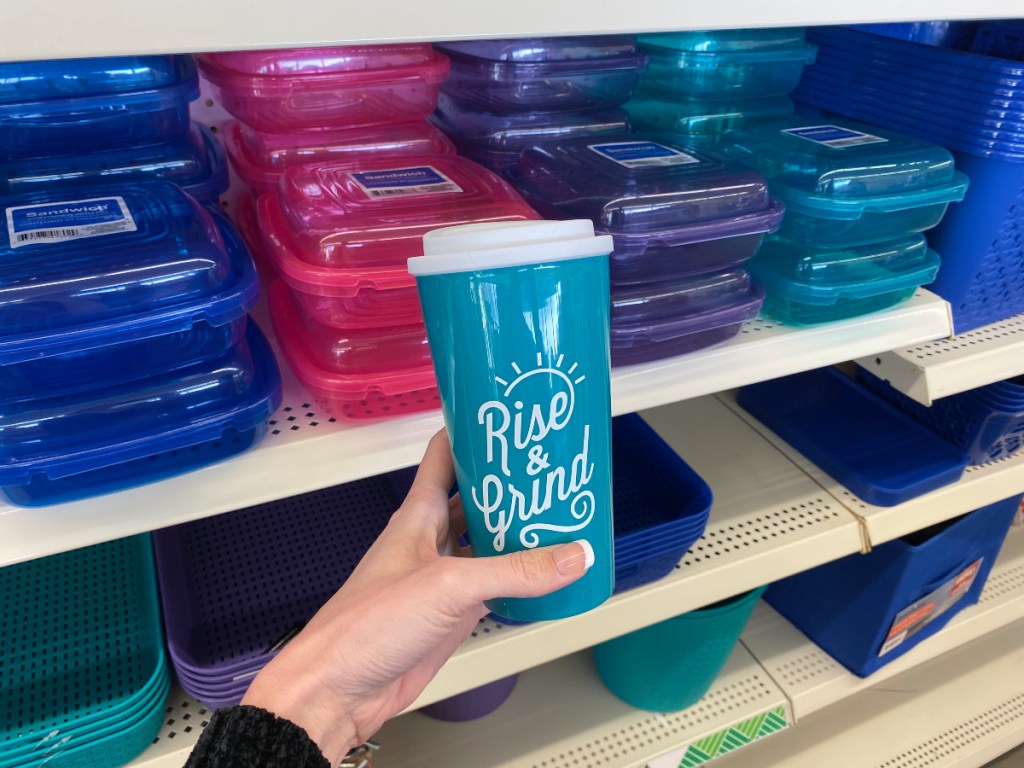 Lidded "Rise and Grind" tumbler at Dollar Tree