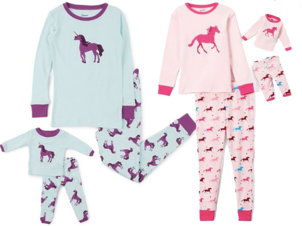 unicorn and horse girls pajamas with matching doll pjs