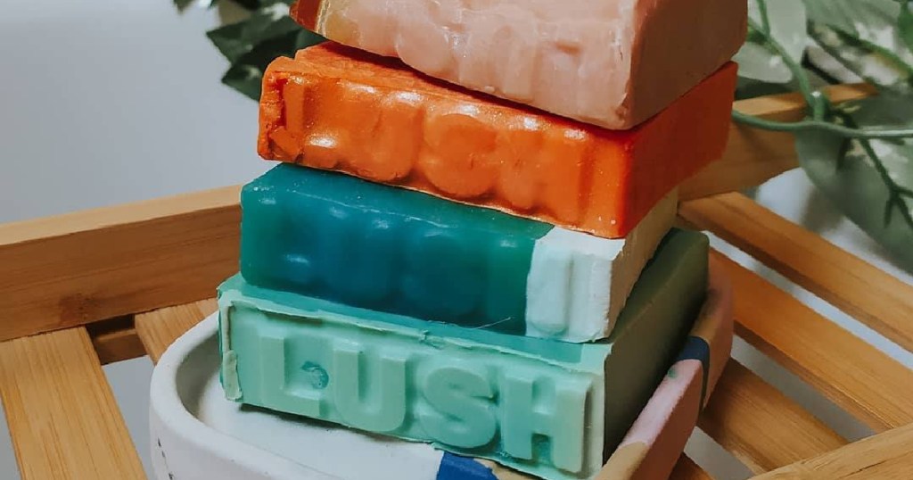 lush soap stack in bathroom