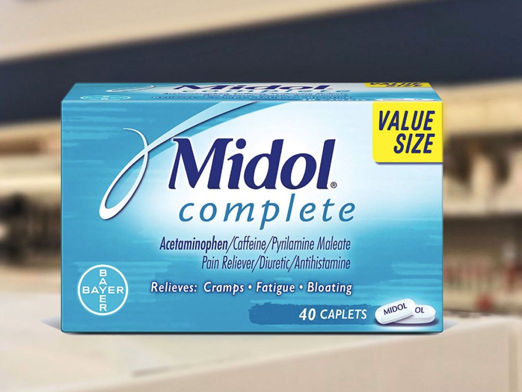 midol complete menstrual relief 40 caplets value size on shelf