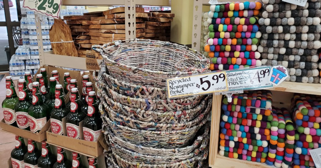 Handwoven newspaper baskets at Trader Joe's
