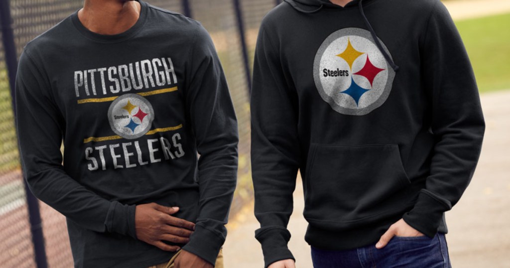men walking with steelers shirts on
