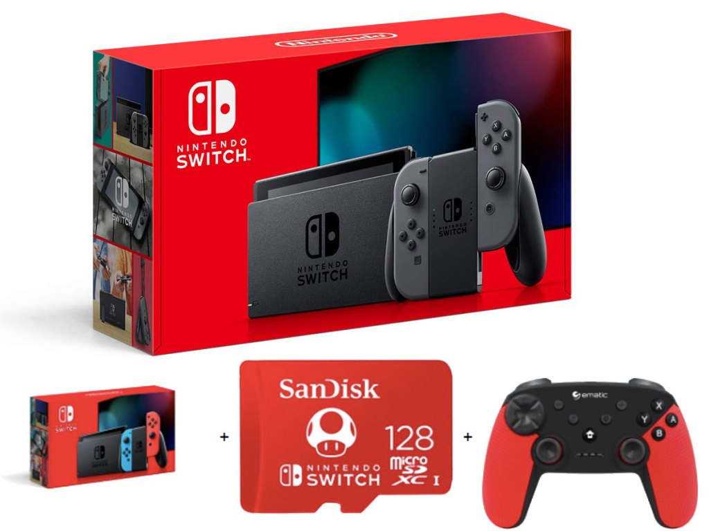 stock image of Nintendo Switch Bundle with Bonus 128GB Sandisk Memory Card and wireless controller