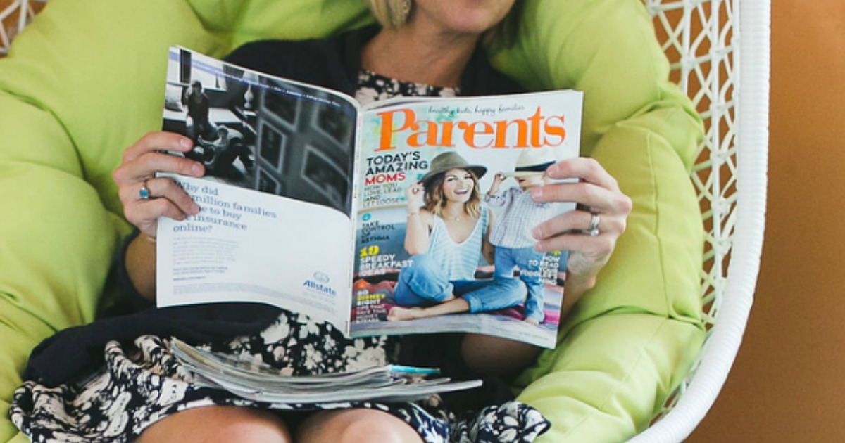 woman reading Parents magazine while lounging on chair