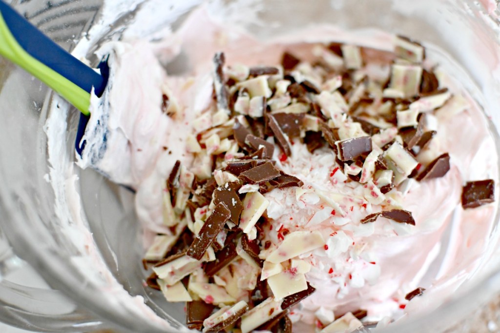 peppermint bark dip in a mixing bowl
