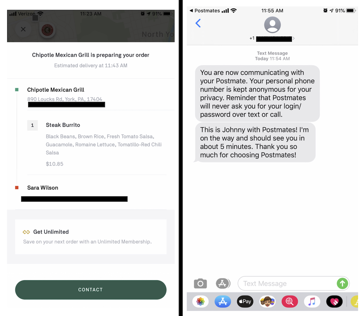 screenshots of postmates app with chipotle order on screen