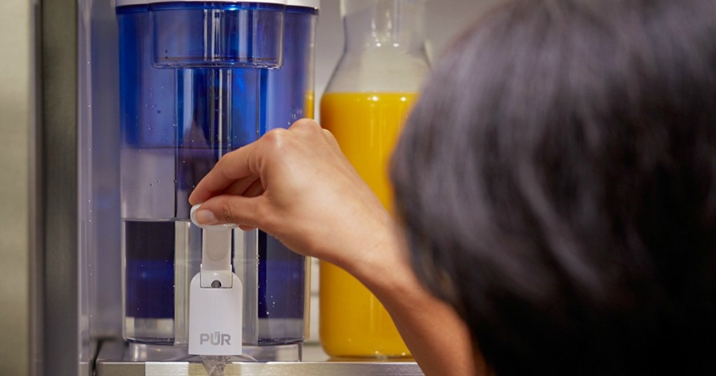 Pur Water Filter in fridge next to orange juice