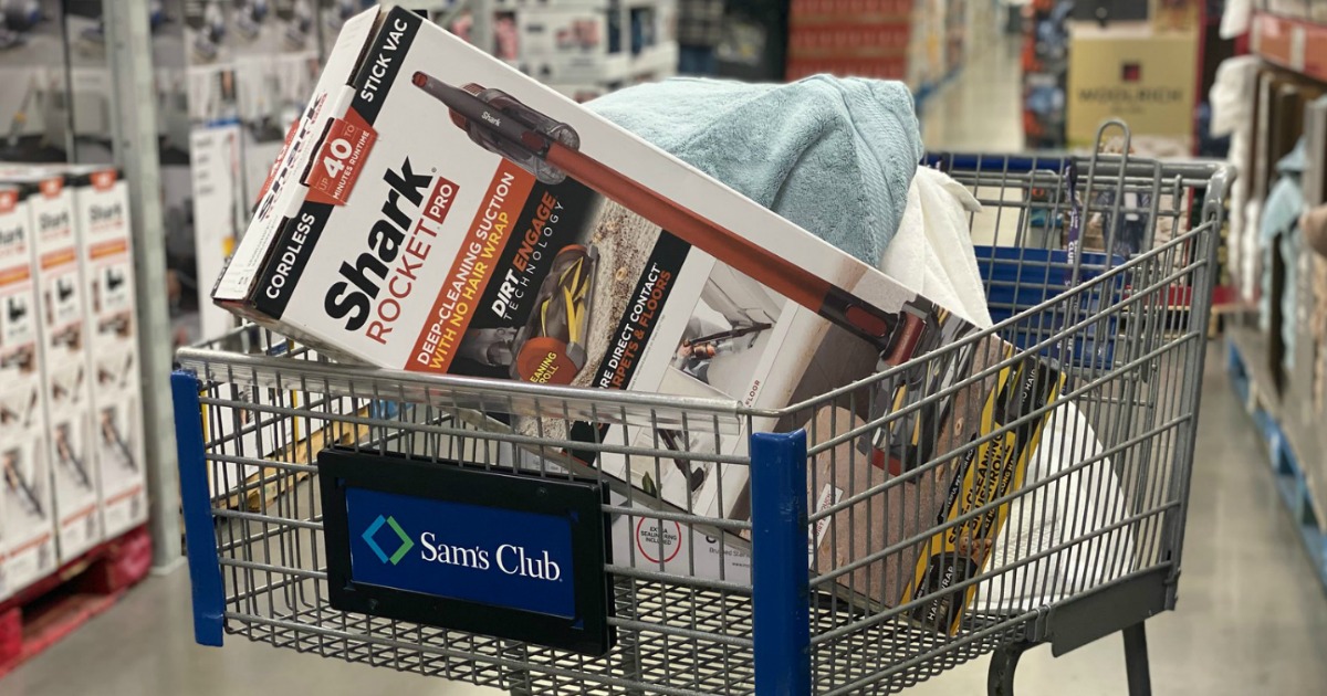 Shark Rocket and towels in Sam's Club cart