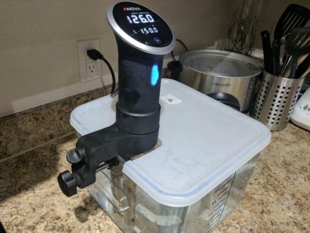 sous vide cooker in plastic container on kitchen counter
