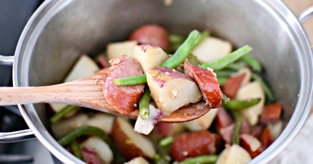 spoonful of sausage potatoes and green beans