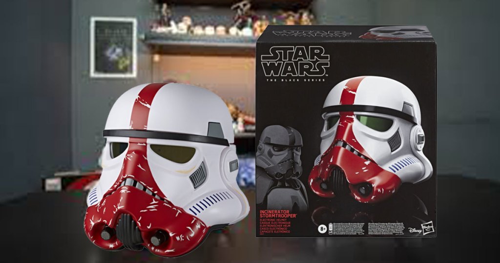 Star Wars Incinerator Stormtrooper electronic helmet. on a table for display