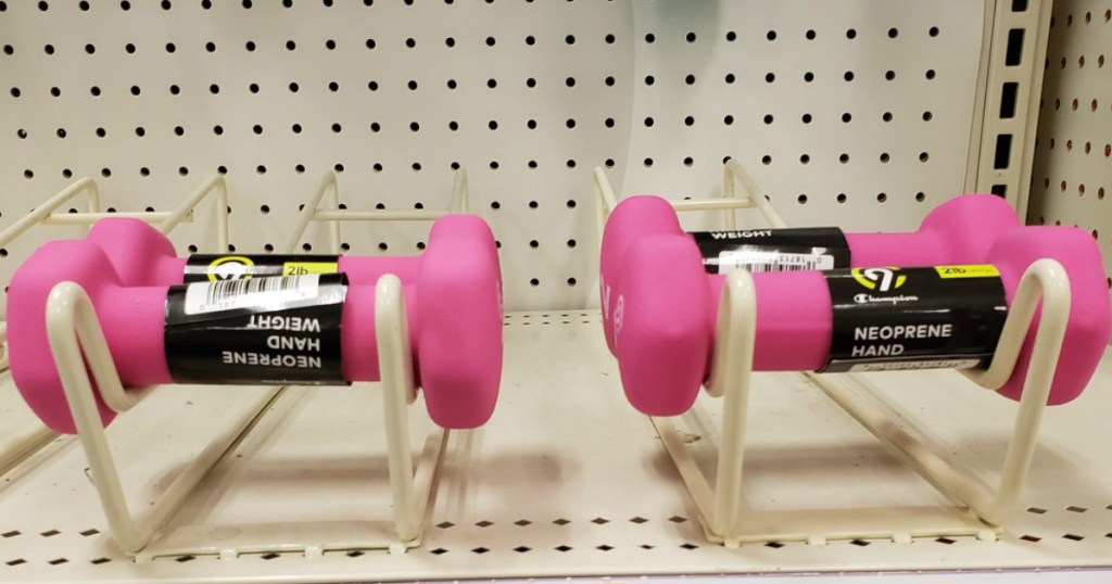 hand weights on a shelf in a store
