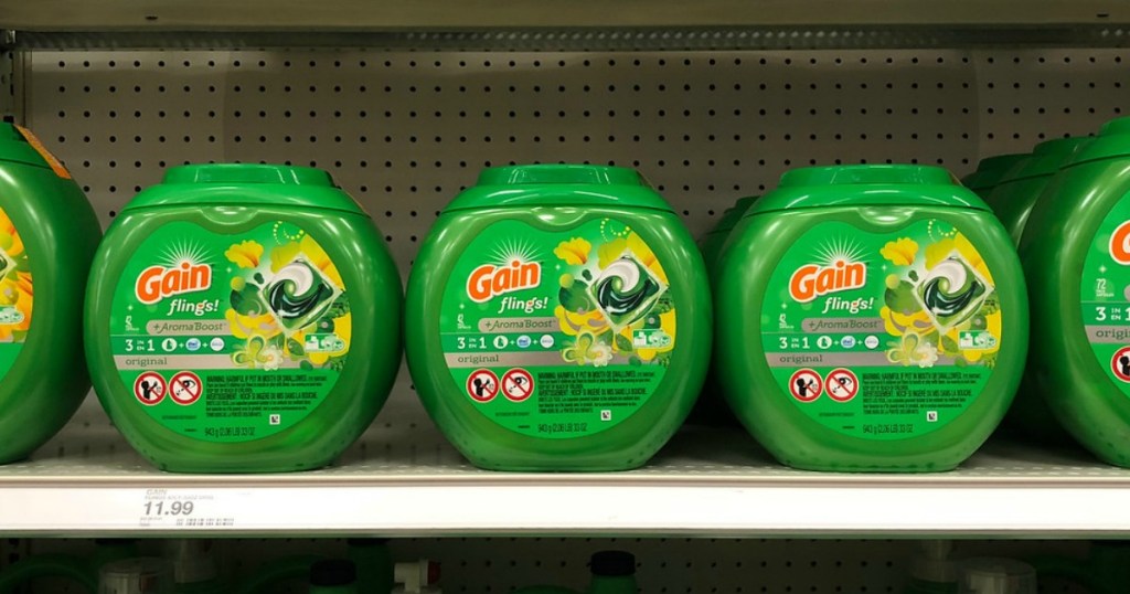 laundry detergent on a shelf in a store