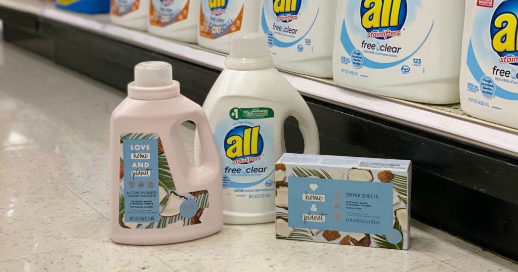 laundry products on the floor in a store
