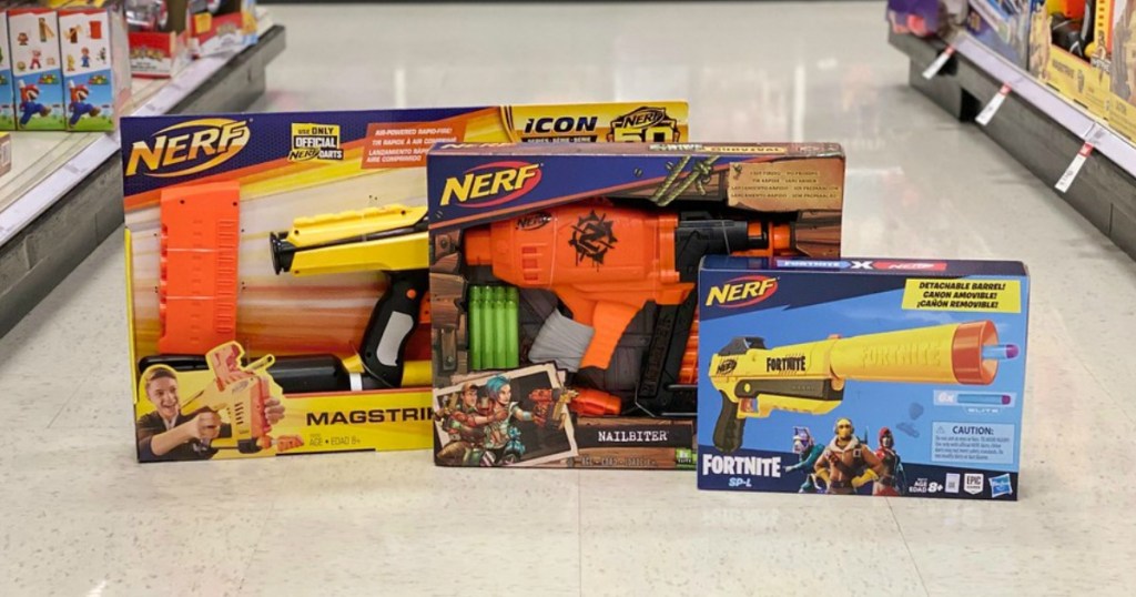 nerf toys on the floor in a target store