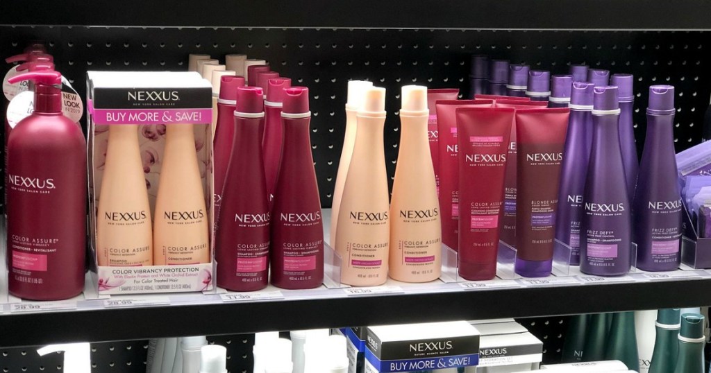 nexxus hair care on a shelf in a store