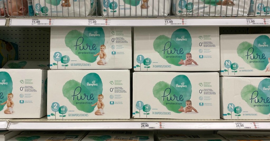 diapers on a shelf in a store