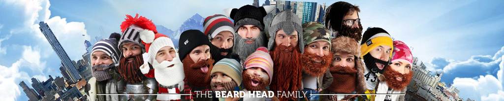 the beard head family pic with everyone wearing beard hats 