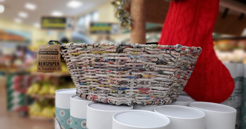 handwoven newspaper basket at Trader Joe's