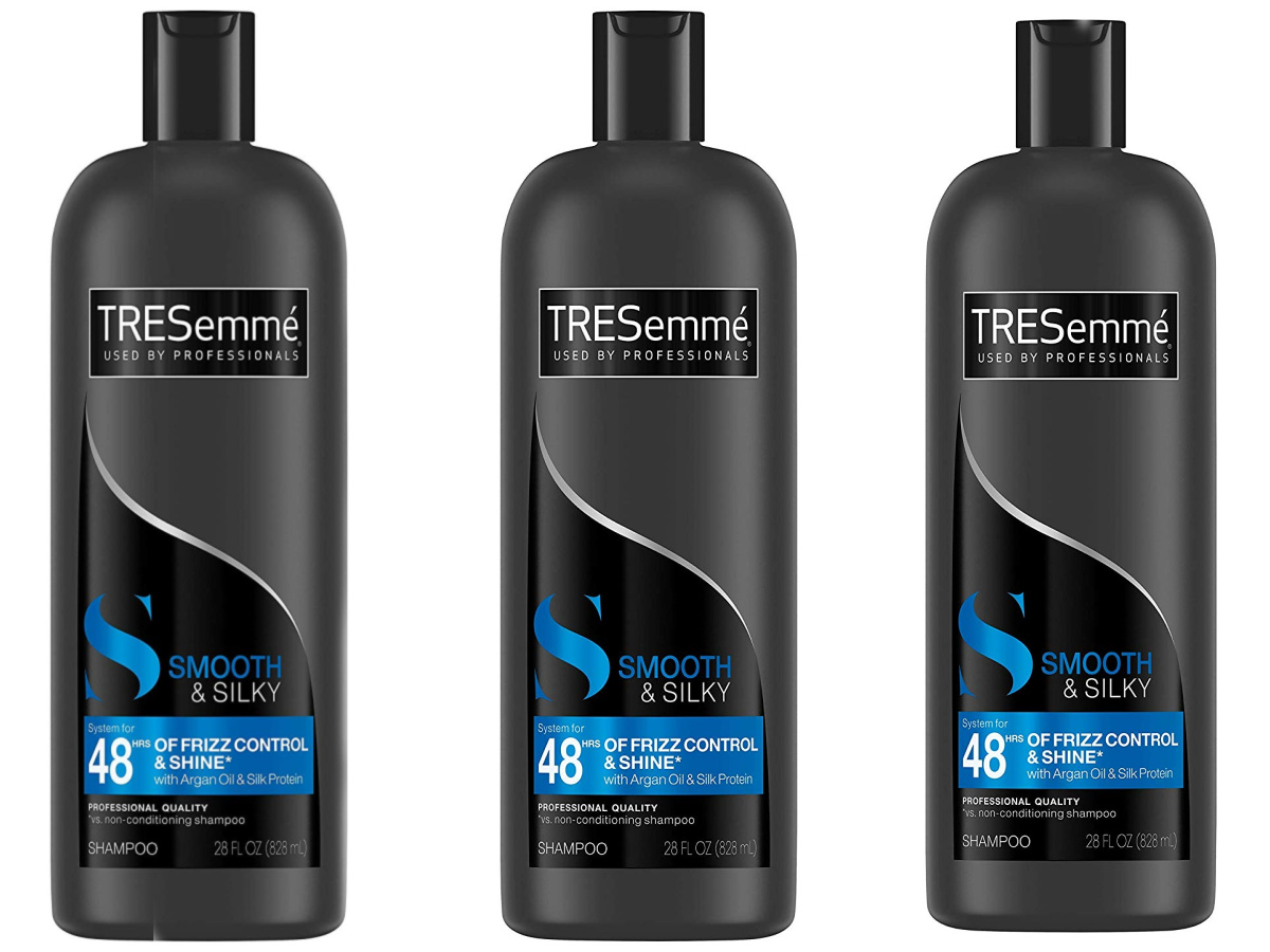 three side by side stock images of Tresemme shampoo bottles