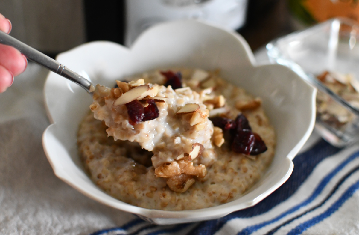 A spoonful of overnight steel cut oats made with our Crock Pot oatmeal recipe