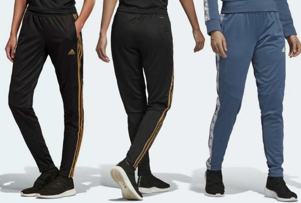 Three styles of women's soccer pants front and back view