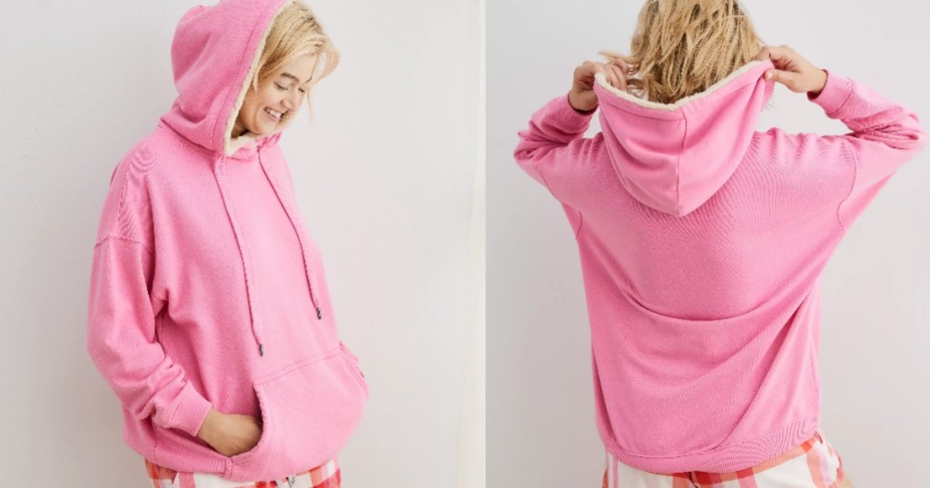 front and back view of woman wearing oversized pink hoodie