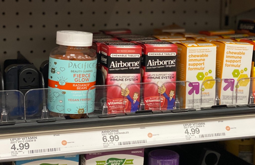 Airborne Chewable Tablets on shelf with vitamins at Target