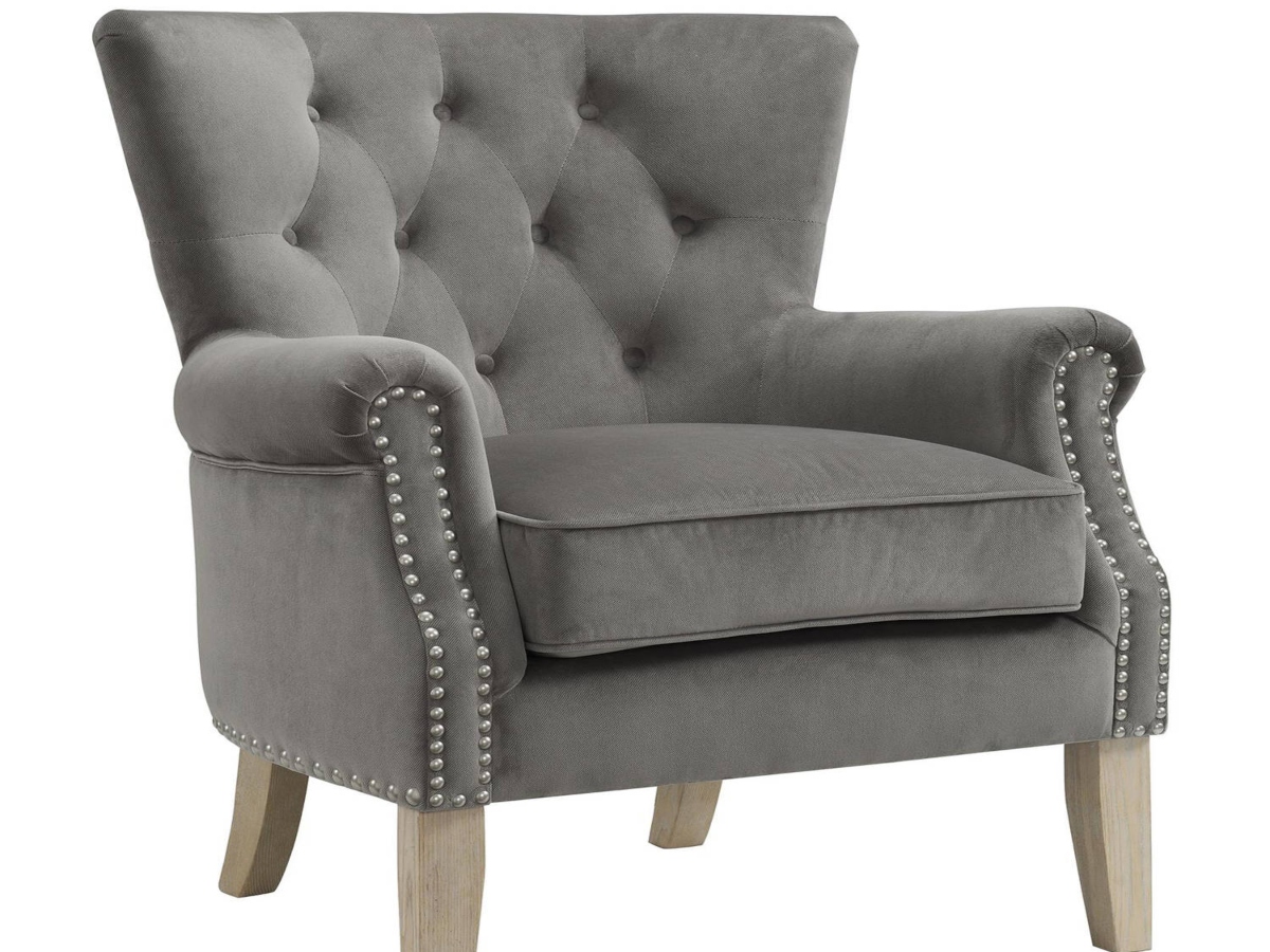 Arm chair in gray, with wooden legs
