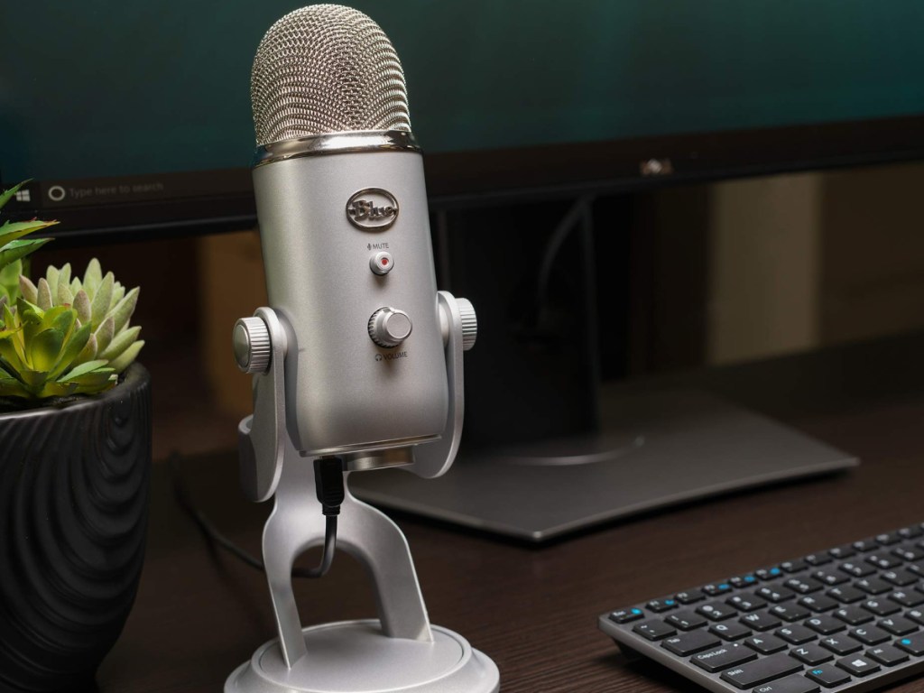 slate grey Blue Yeti USB Microphone on desk