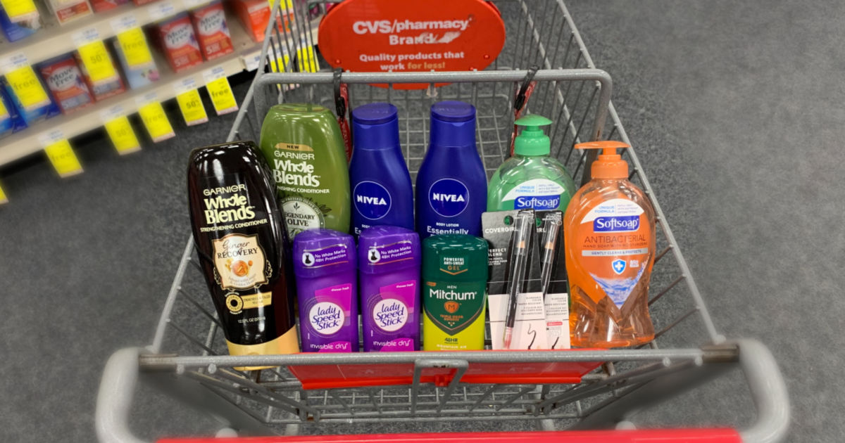 Shampoo, lotion, deodorant and soap in basket 