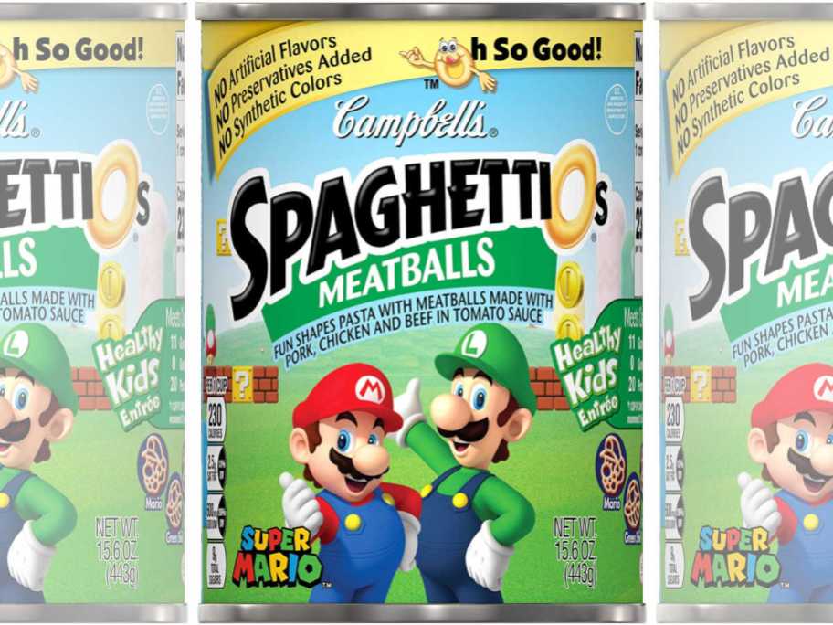 Campbell's SpaghettiOs Super Mario Bros. Shaped Pasta with Meatballs cans
