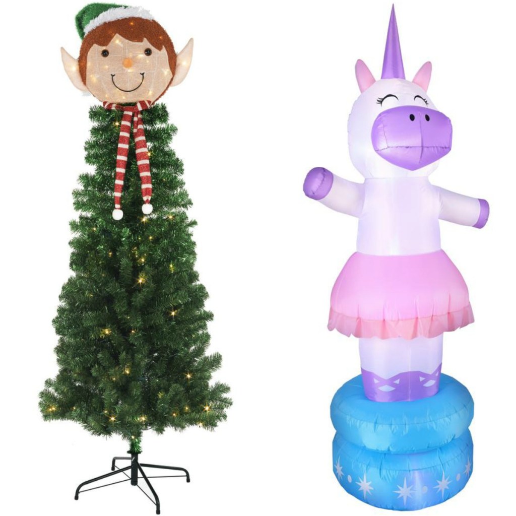 Elf themed Christmas tree and inflatable unicorn