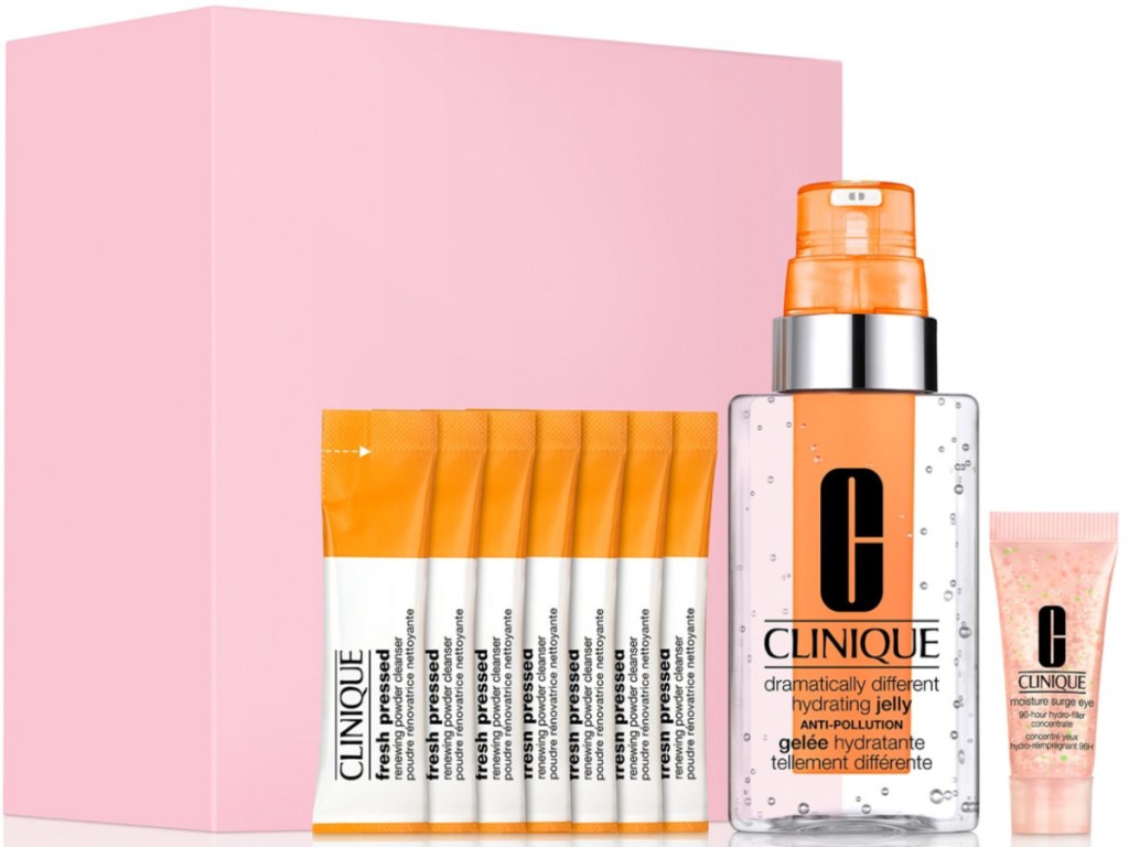 clinique gift set with pink box and contents beside box
