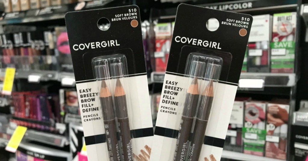 CoverGirl brow pencils in front of shelf