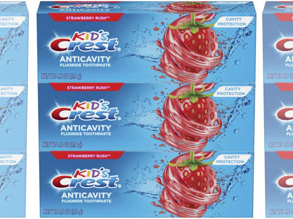 three pack Crest Kid's Cavity Protection Fluoride Toothpaste in Strawberry Rush