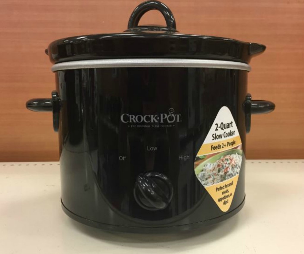 Black miniature slow cooker on display in-store