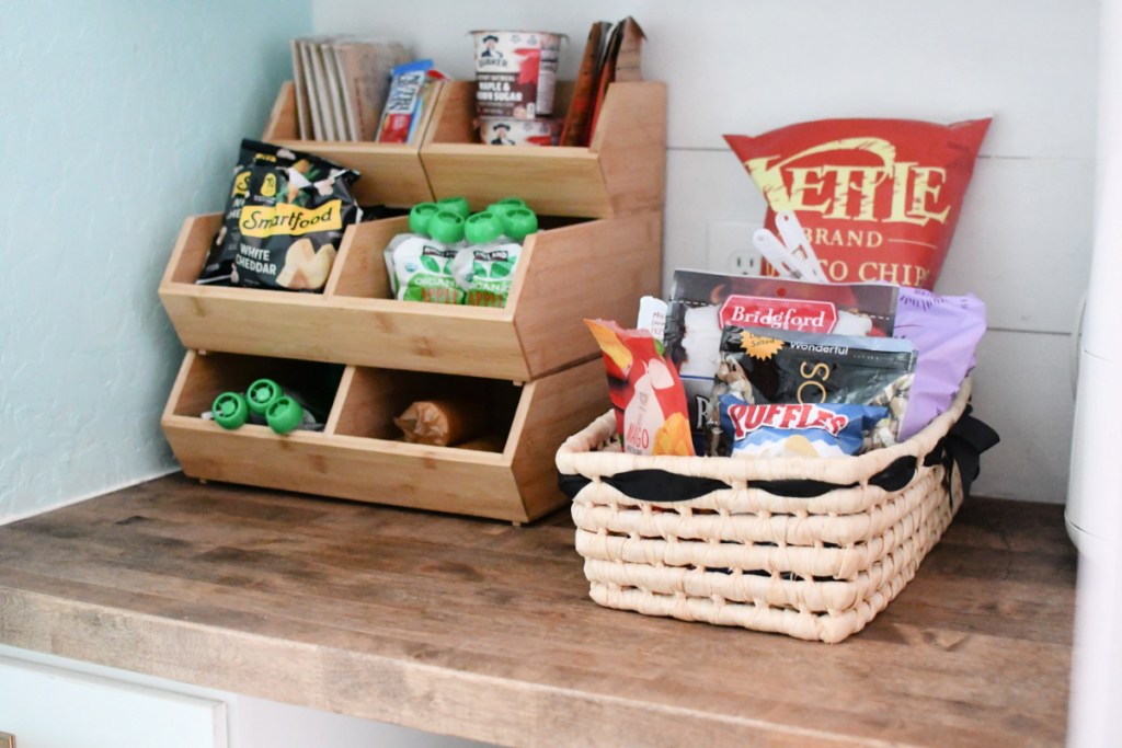 storage basket and bamboo snack storage for pantry 