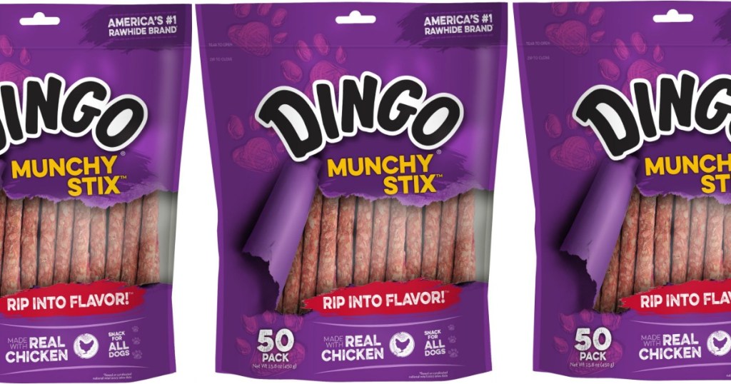 Dingo brand dog treats in purple packages of 50