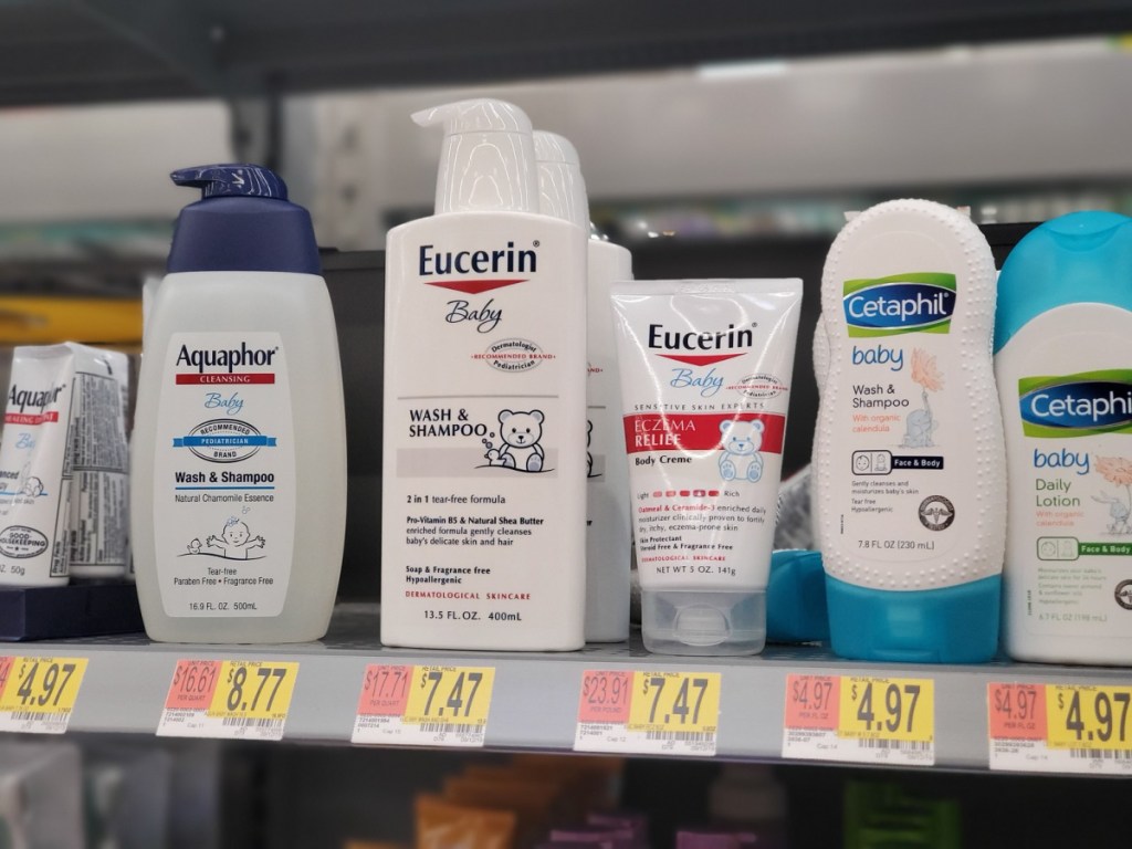 Eucerin baby eczema relief lotion on shelf in store surrounded by other lotions