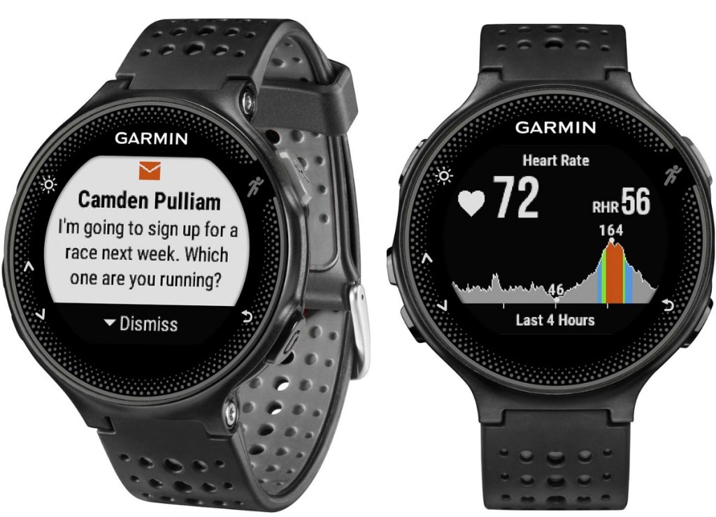 Garmin Smart Watch in black and gray front and side views