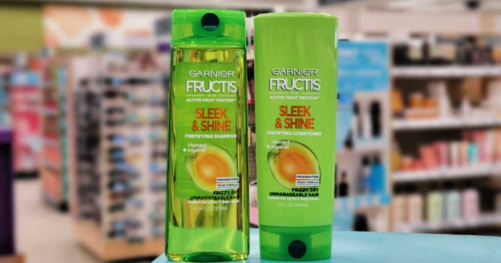 Garnier Fructis Shampoo and Conditioner on counter in walgreens